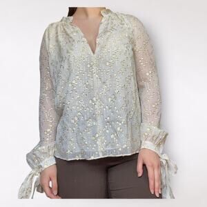 Derek Lam 10 Crosby Cream/Gold Silk Metallic Tie-Sleeve Top Size‎ 4 Designer